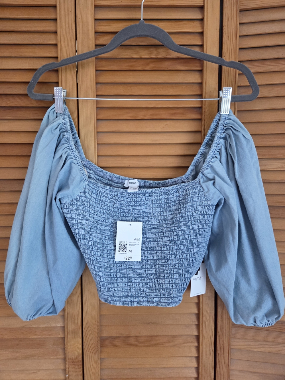 Forever 21 Light Blue Smocked Off-Shoulder Puff Sleeve Crop Top